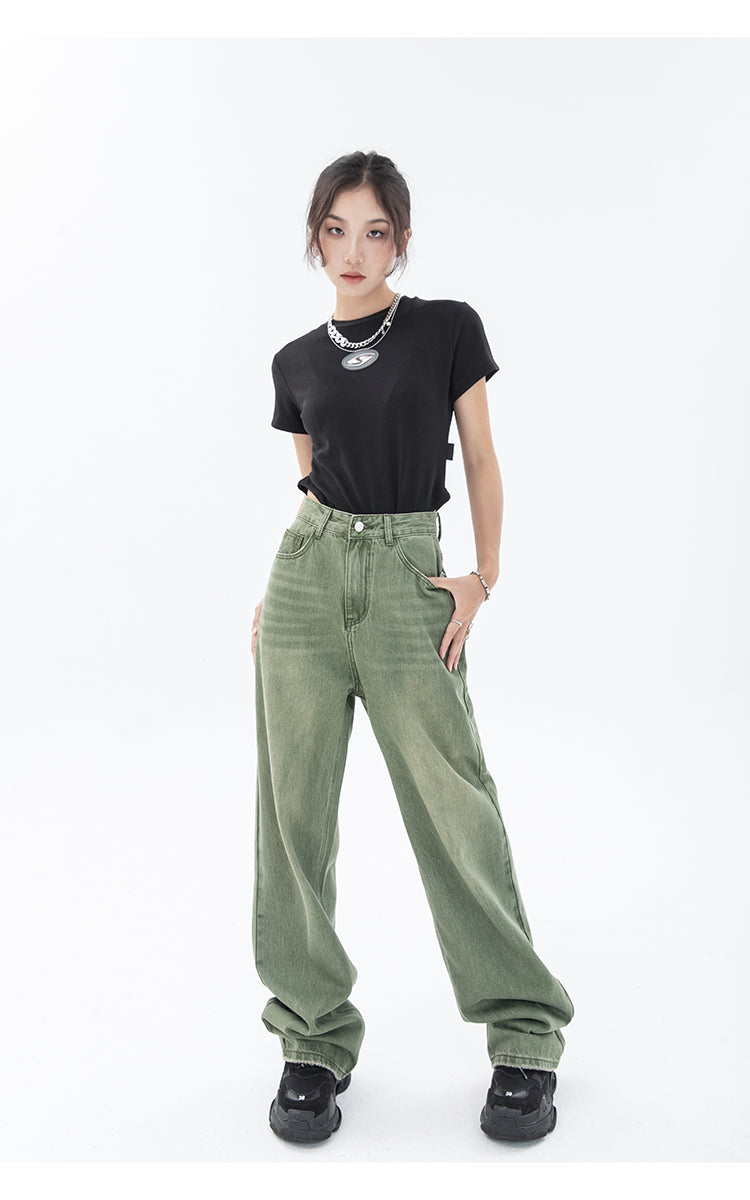 Vintage Green Women's Jeans Fashion Trousers Streetwear High Waist Wide Leg Summer Y2K Baggy Casual Straight Mom Denim Pants