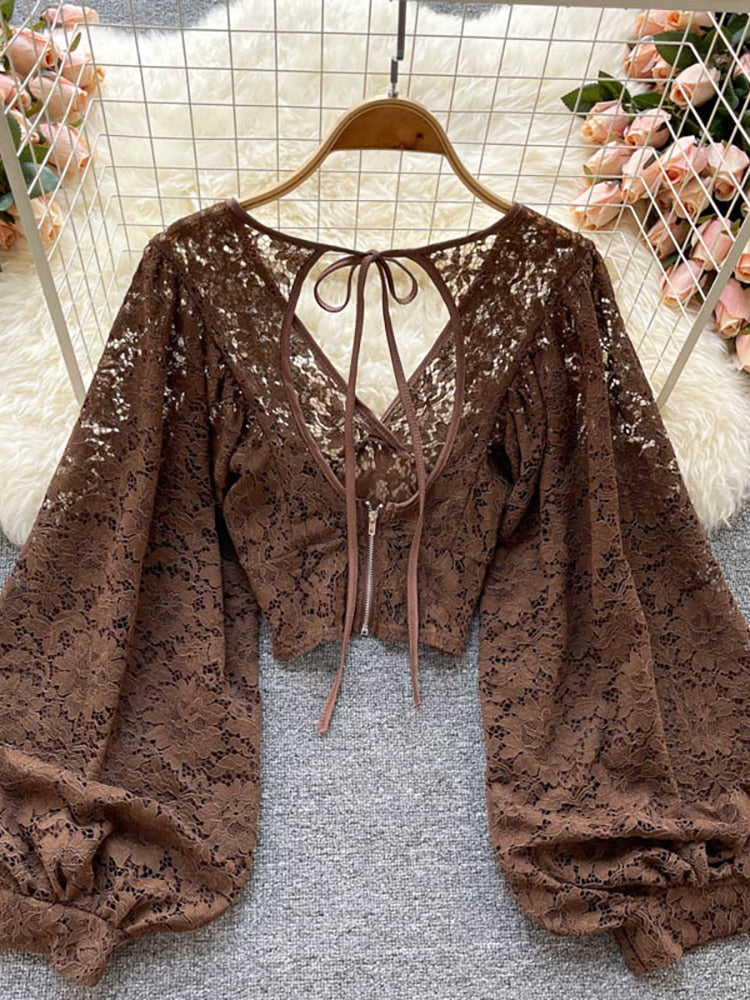 Lizakosht Autumn Black/White/Brown Sexy Lace Blouse Women Elegant V-Neck Puff Long Sleeve Open Back Short Tops Female Party Blusas