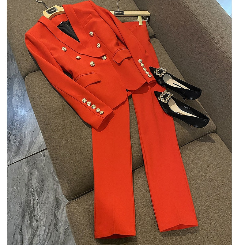 Office Ladies women's pantsuit Red Pink Business Classic Double-breasted Buttons Nine Blazer Pants Set Two Piece Formal Suits