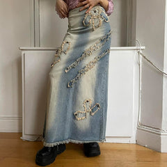 Lizakosht Embroidered Denim Long Skirt for Women High Street Vintage Low Waist Raw Hem Street Blue Patchwork Loose Jeans Maxi Skirts