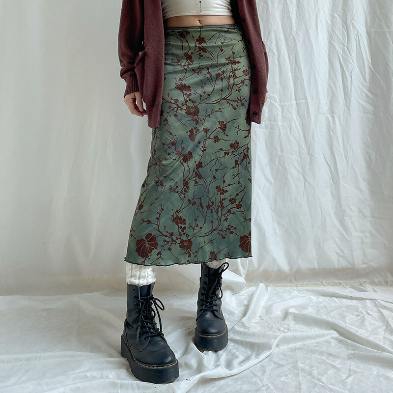 Lizakosht  Vintage Printed Long Skirt Women Y2k Grunge Green Cottagecore Low Waist Slim Straight Midi Skirt Girls 90s Aesthetic