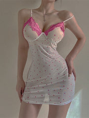 Lizakosht  New V-neck Sexy WOMENGAGA Lace Sweet Mesh Lace Slim Dot Mini Tank Dress Y2K Fashion Sexy Women Asian Girl Kroean Tops 2N2D