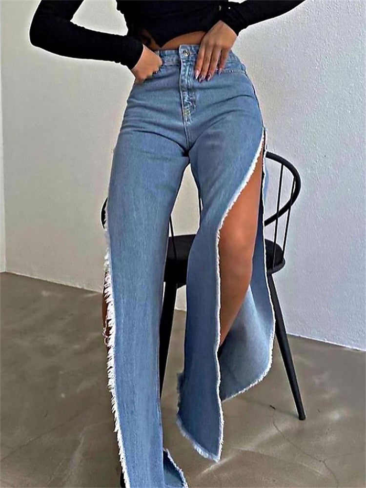 Lizakosht High Waisted Side Split Out Jeans Women Casual Loose Cargo Black Pants Streetwear Summer Wide Leg Long Baggy Y2k Jeans