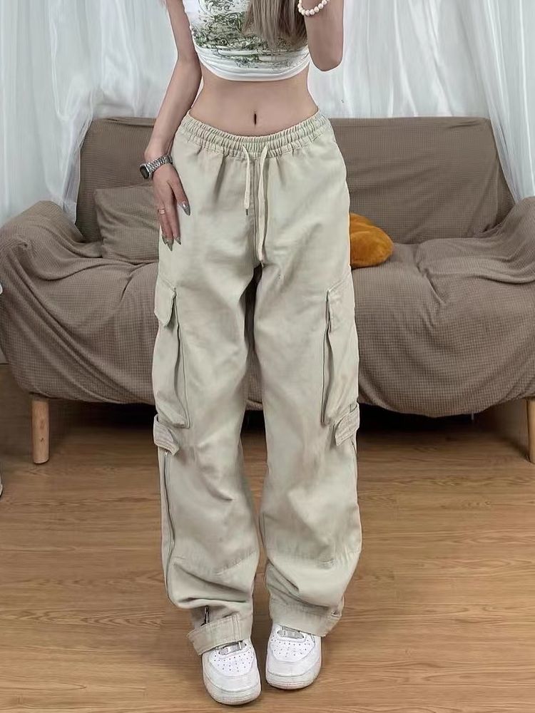Retro Couples Straight New Oversized Pocket Cargo Pants Girls Casual Pants Streetwear Wide Leg Pants Apricot Cargo Pants