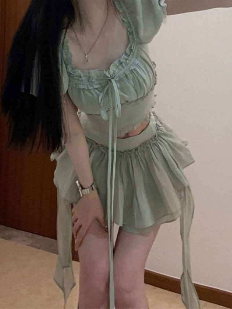 Lizakosht Green France Sweet Two Piece Set Women Summer Korean Style Mini Skirt Suit Female Elegant Puff Sleeve Tops＋Irregular Skirts