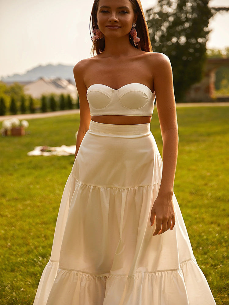 Summer Women'S One Word Collar Sleeveless Solid Color Sexy Open-back Short Top Street High Waist Skirt Pink Dress Two-piece Set
