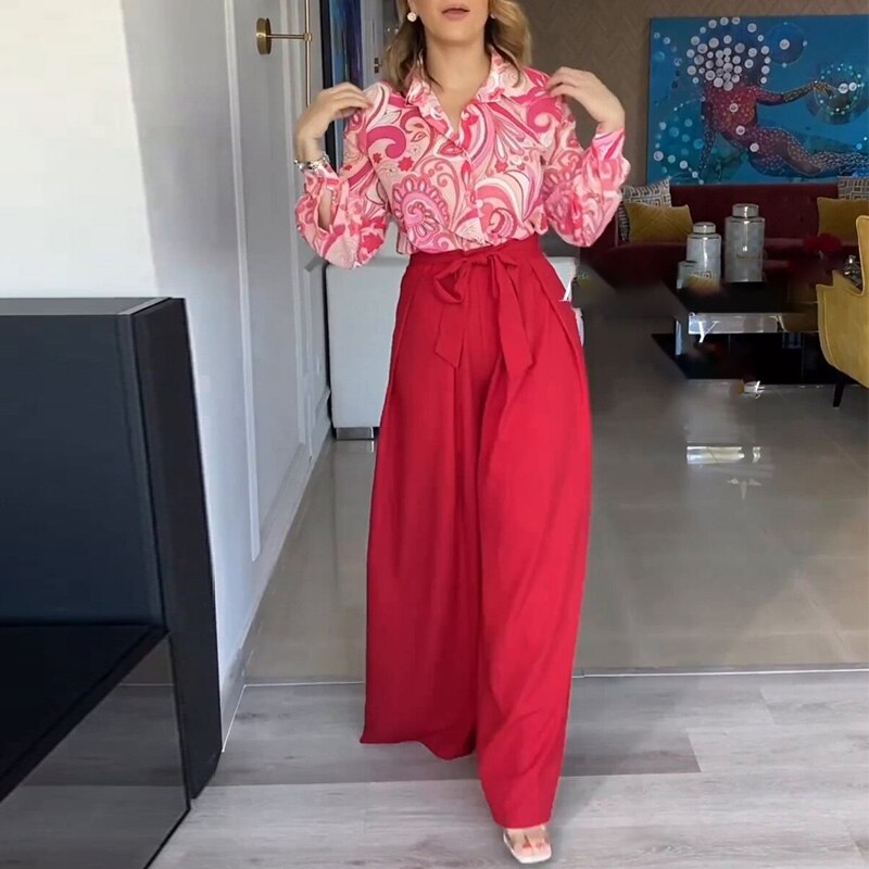 Lizakosht Spring Summer Commute Long Sleeve Blouse Outfits Fashion Print Tops Shirt And Belted Wide Leg Pants Suit Women Casual Loose Sets