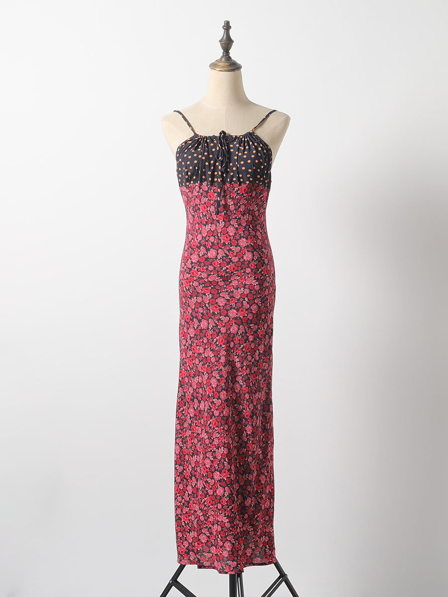 Spaghetti Strap Midi Dress Summer Ladies Rose Floral Print Tie Belt Sleeveless Long Dresses Female Elegant Vintage Robes Holiday