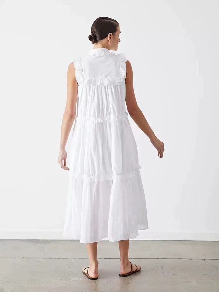 Lizakosht Daily Holiday Style Small Pure White Organic Cotton Sleeveless Dress with Wooden Ears