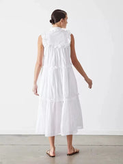 Lizakosht Daily Holiday Style Small Pure White Organic Cotton Sleeveless Dress with Wooden Ears
