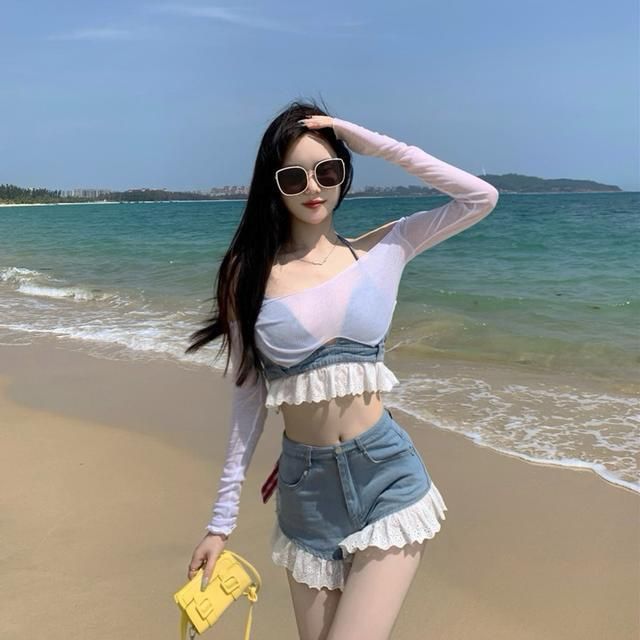 Lolita Girls Blue Denim Lace Two Piece Set Y2K Women Bustier Camis Crop Top High Waist Shorts Outfits Sexy Femenino 2 Piece Set