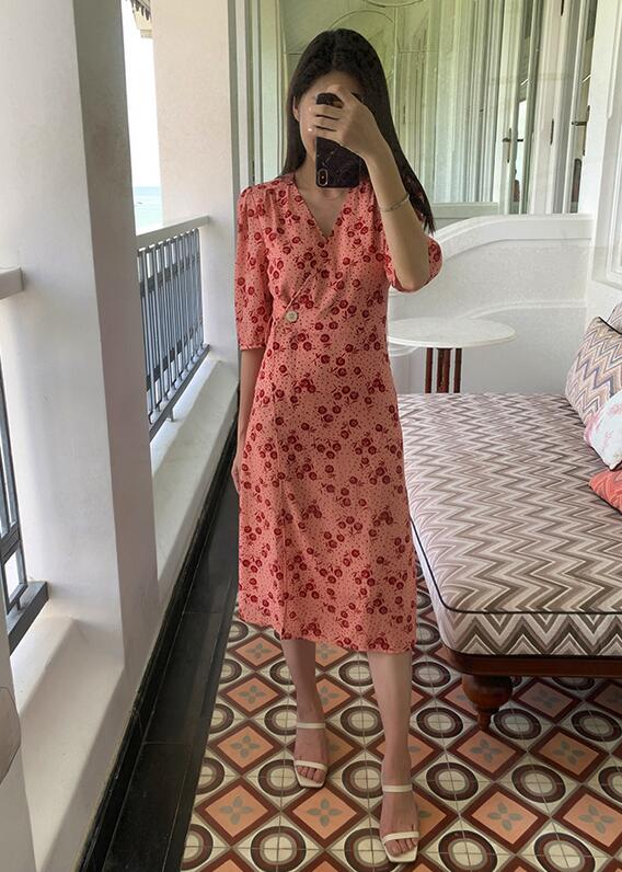 Lizakosht Women Dress New Vintage Floral printing Waist Wrap tea midi dress Long One-Piece Dress