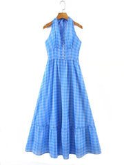 Lizakosht Romantic Women Blue Plaid Halter Long Dress Sexy Backless Sleeveless Ladies Holiday Summer Dresses Fairy Robe