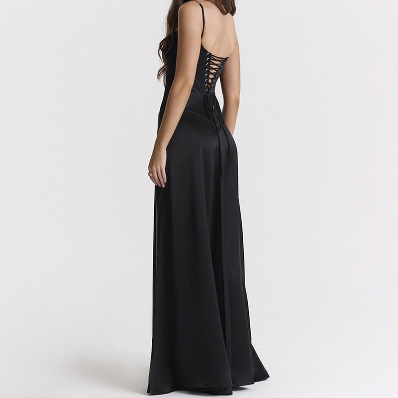 Lizakosht Black Evening Party Dresses Female Suspender Backless Bandage Long Satin Dress for Women 2023 Summer Fashion New