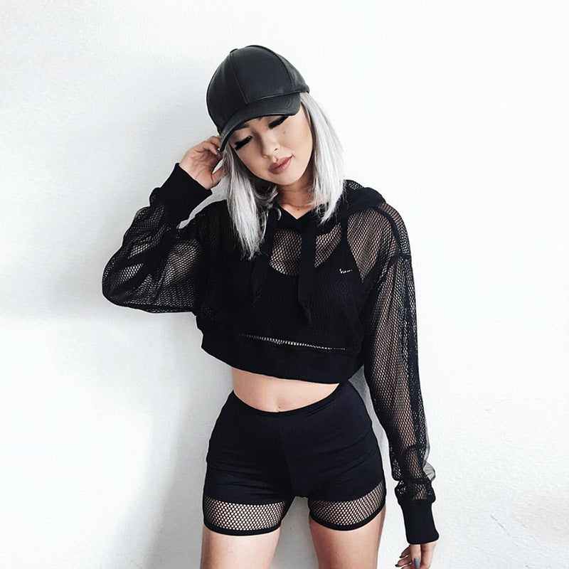 Lizakosht  Women Sexy Mesh Hooded Sweatshirt Spring Autumn Long Sleeve Transparent Fishnet Crop Top 2022 Casual Pullover White Black Tee