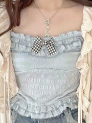 Summer Lolita Kawaii Tank Tops Women Korean Style Bowknot Patchwork Ruffle Flounce Top Female Elastic Skinny Sweet Top 2022 New