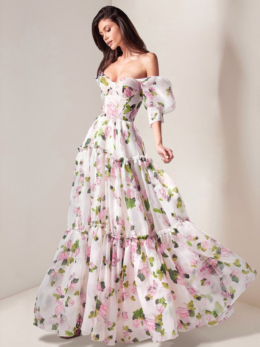 Lizakosht The French court is gentle and shoulders, wearing a light luxury niche big skirt, bubble princess sleeve tea break printed dress