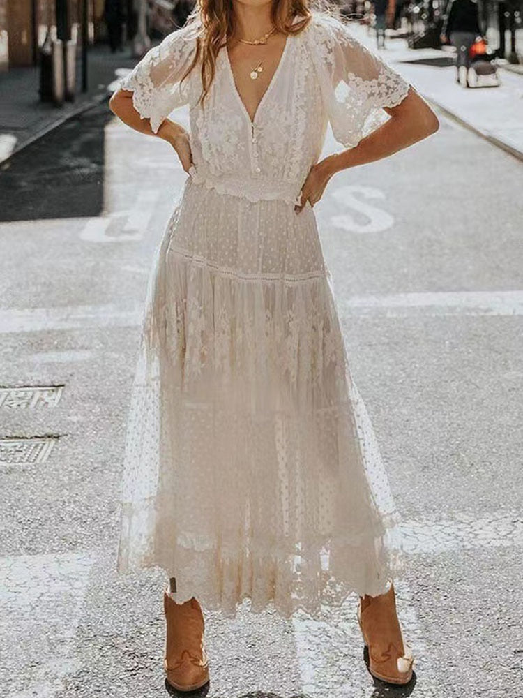 Sexy Solid Color Lace Ruffle Short Sleeve Dress Women Elegant V-Neck Mesh Splicing Long Party Dress New Summer Commute Dresses