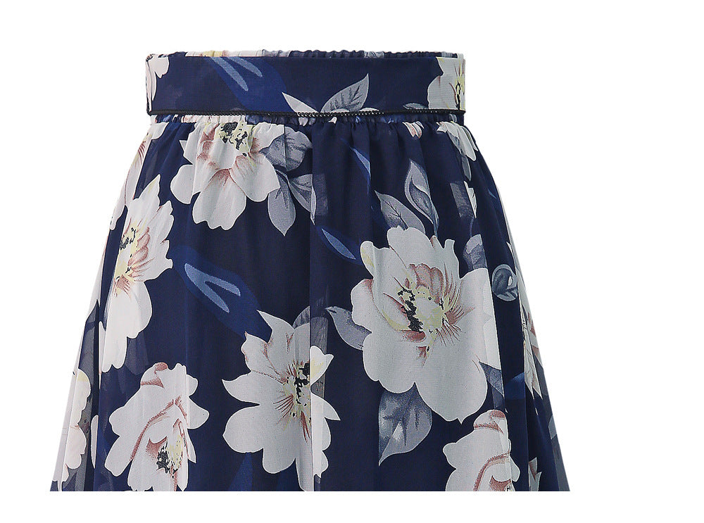 Summer Women Flower Printing High Waist Skirt Chiffon With Belt Ladies Vintage Elegant Skirts Pleated