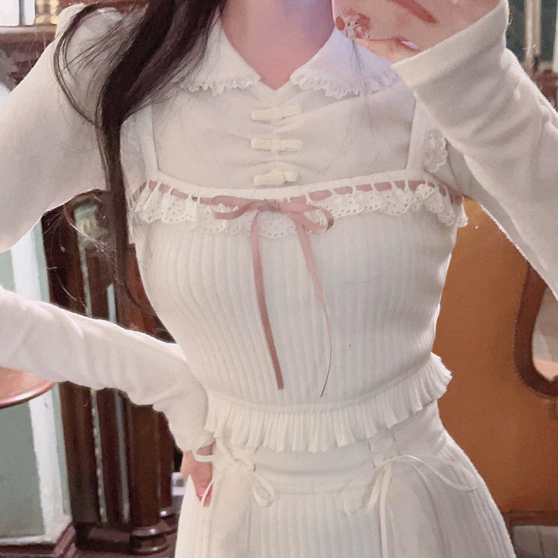 Lizakosht Pink Lolita Crop Tops Bow Slim Tanks Vest Korean Girls Kawaii Sleeveless Shirts Women Sweet Lace Ruffles Knitted Camis Summer