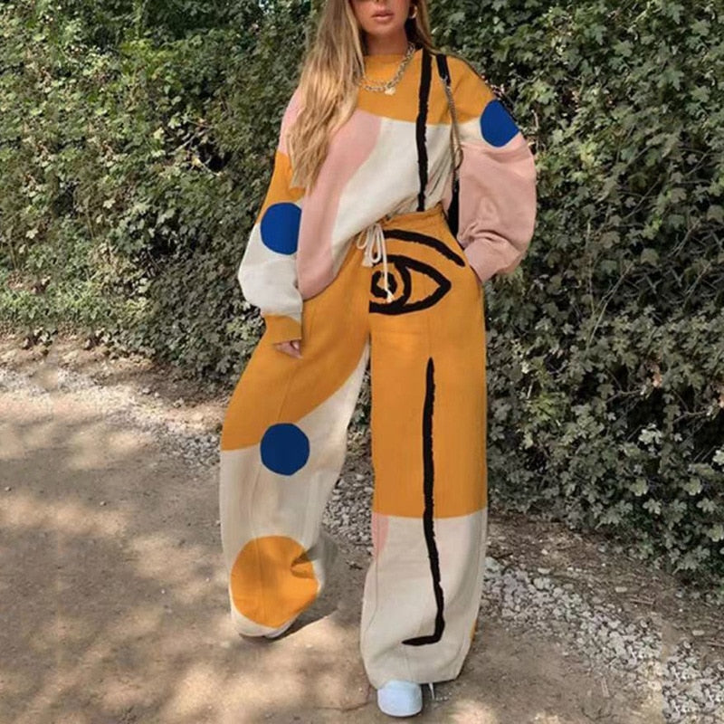 Lizakosht Autumn 2-Piece Set Women's Printed Casual Round Neck Sweater + Sports Wide Leg Pants Streetwear Basic Hoodie Set
