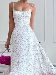 Lizakosht Printed Ruffles Suspended Dress Women Fashion Sleeveless Backless Flower A-line Dresses Summer Female Elegant Robes