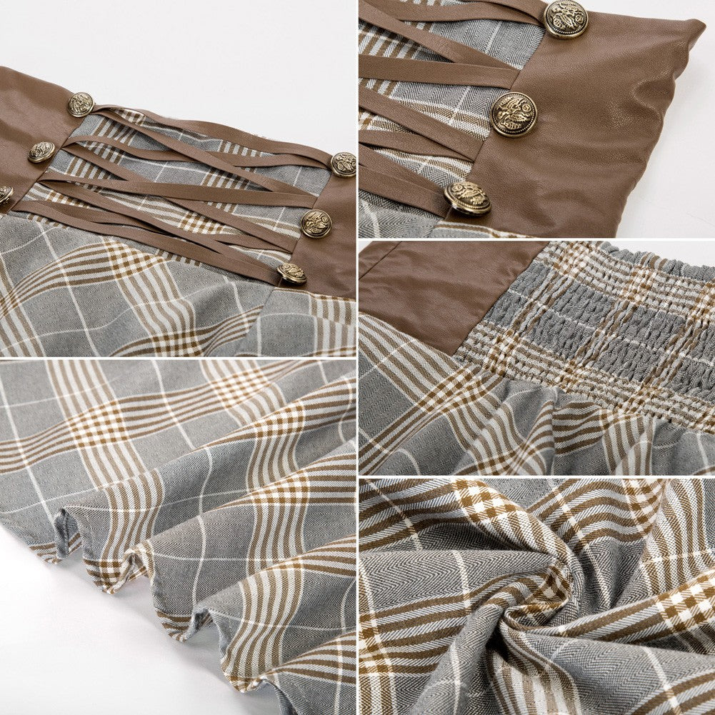 SD Womens Plaid Skirts Vintage Renaissance Corset Waisted Skirt High Waist Buttons Elegant Beach Harajuku Long A-Line Skirt