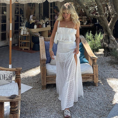 Lizakosht Boho Beach Party Two-Piece Skirt Suits Women White Cutout Matching Sets Spaghetti Straps Ruffles Crop Tops+Long Skirt
