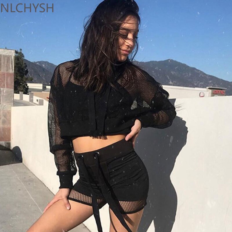 Lizakosht  Women Sexy Mesh Hooded Sweatshirt Spring Autumn Long Sleeve Transparent Fishnet Crop Top 2022 Casual Pullover White Black Tee