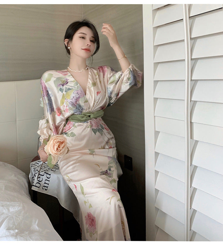 Hstar Oriental Classical Beauty Temperament Retro Ink Printing V-neck Women 2022 Summer Slim Long Elegant Dress robe traf boho