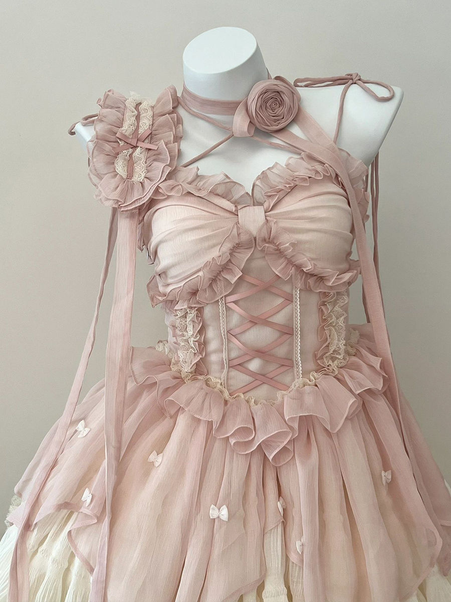 Lizakosht Summer Women Sweet Pink Lolita Dress Female Ruffle High Waist prom Mini Dress Japanese Summer Girl Kawaii Party Dresses