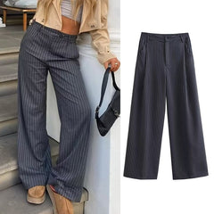 Lizakosht Fashion Striped Women Wide Leg Pants Female Casual Loose with Zipper Fly Trousers Ladies Mid Waist Chic Elegant Pants