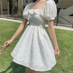 Lizakosht Summer new Daisy Embroidery Floral Dress Women High Waist Slim Lace Puff Sleeve Dresses Cottagecore Sweet Girl Cute Short Sleeve
