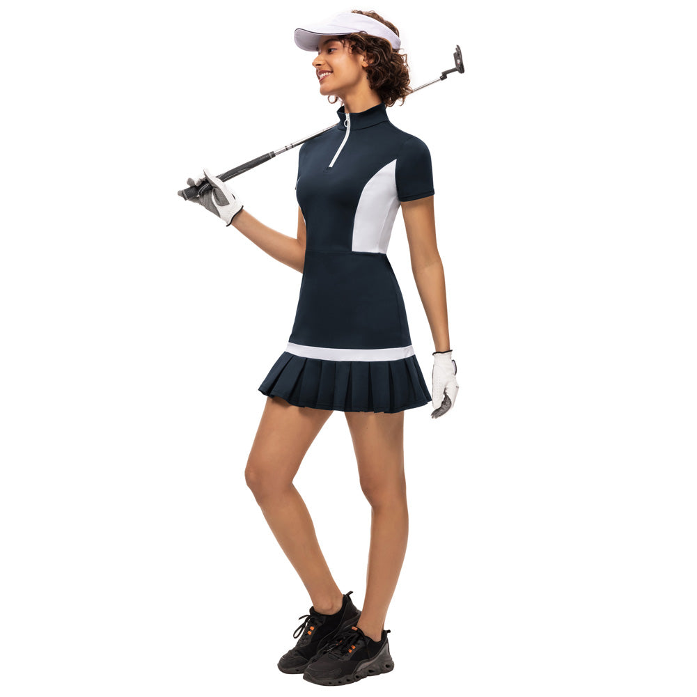 JS Women Mini Dress Tennis & Golf Contrast Color Sports Dress Fashion Summer New Short Sleeve Zipper Stand Collar Dress + Boxer