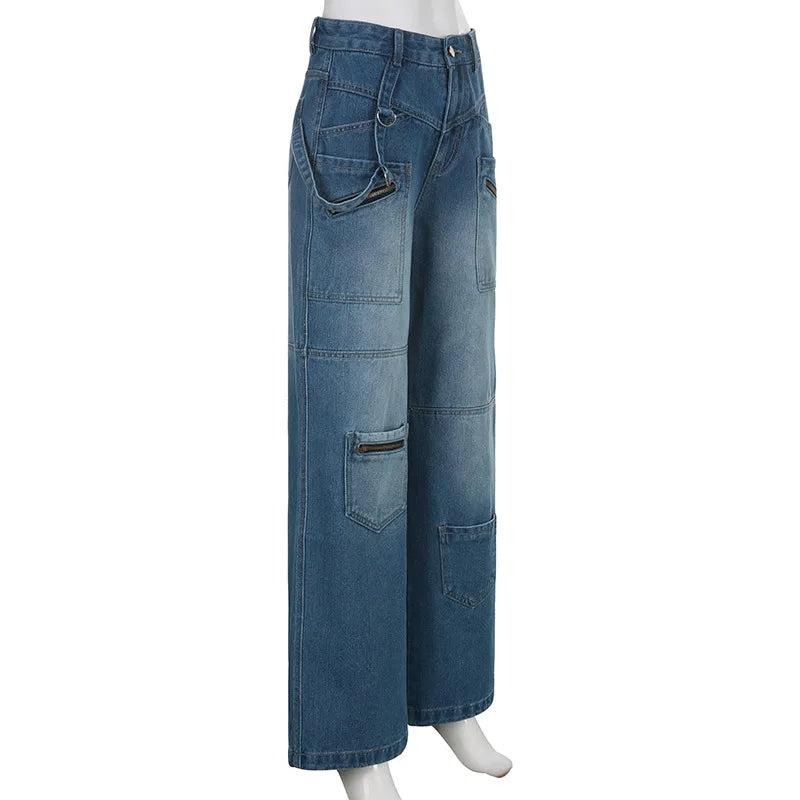 Lizakosht Zipper Multi Pocket Cargo Loose Jeans Hot Girl High Waist Retro Vintage Straight Blue Harajuku Grunge Fairycore Y2K Denim Pants