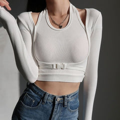 Sexy Slim Crop Top Women Y2K Hollow Out Solid Button Patchwork Bottoming Long Sleeve T-shirts Fake Two-piece Streetwear