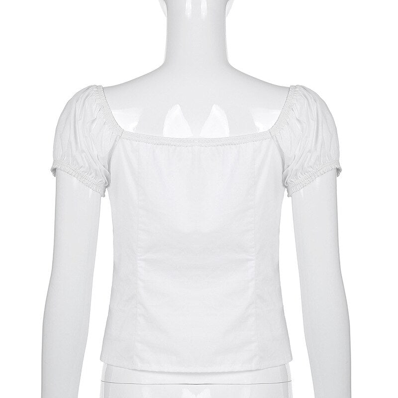 White Sexy Lace Women's T-Shirt Top Fashion Puff Sleeve Cardigan Shirt Slim Casual Short Sleeve Ladies Blouse Spring New