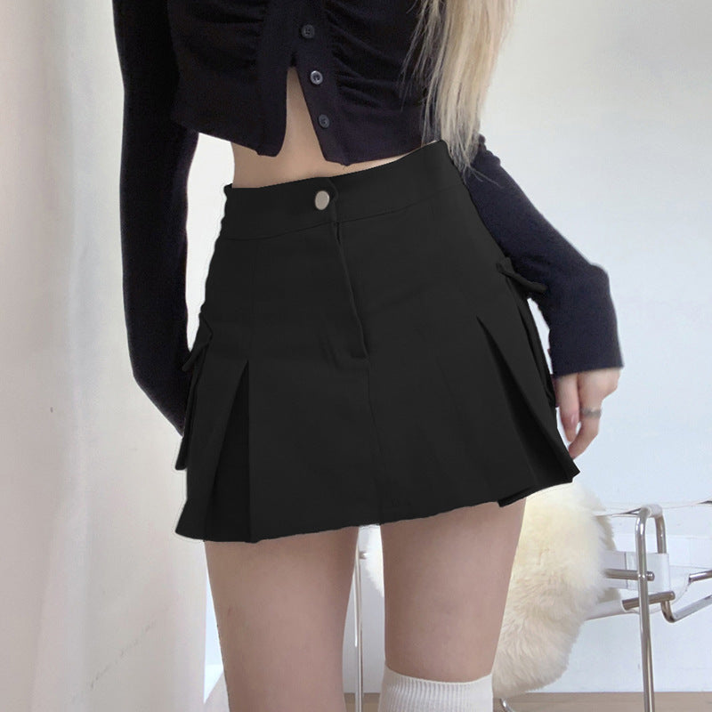 HOUZHOU Vintage Pocket Denim Cargo Skirt Women Korean Preppy Style High Waist Solid A-line Casual Pleated Mini Skirt Y2K E Girl