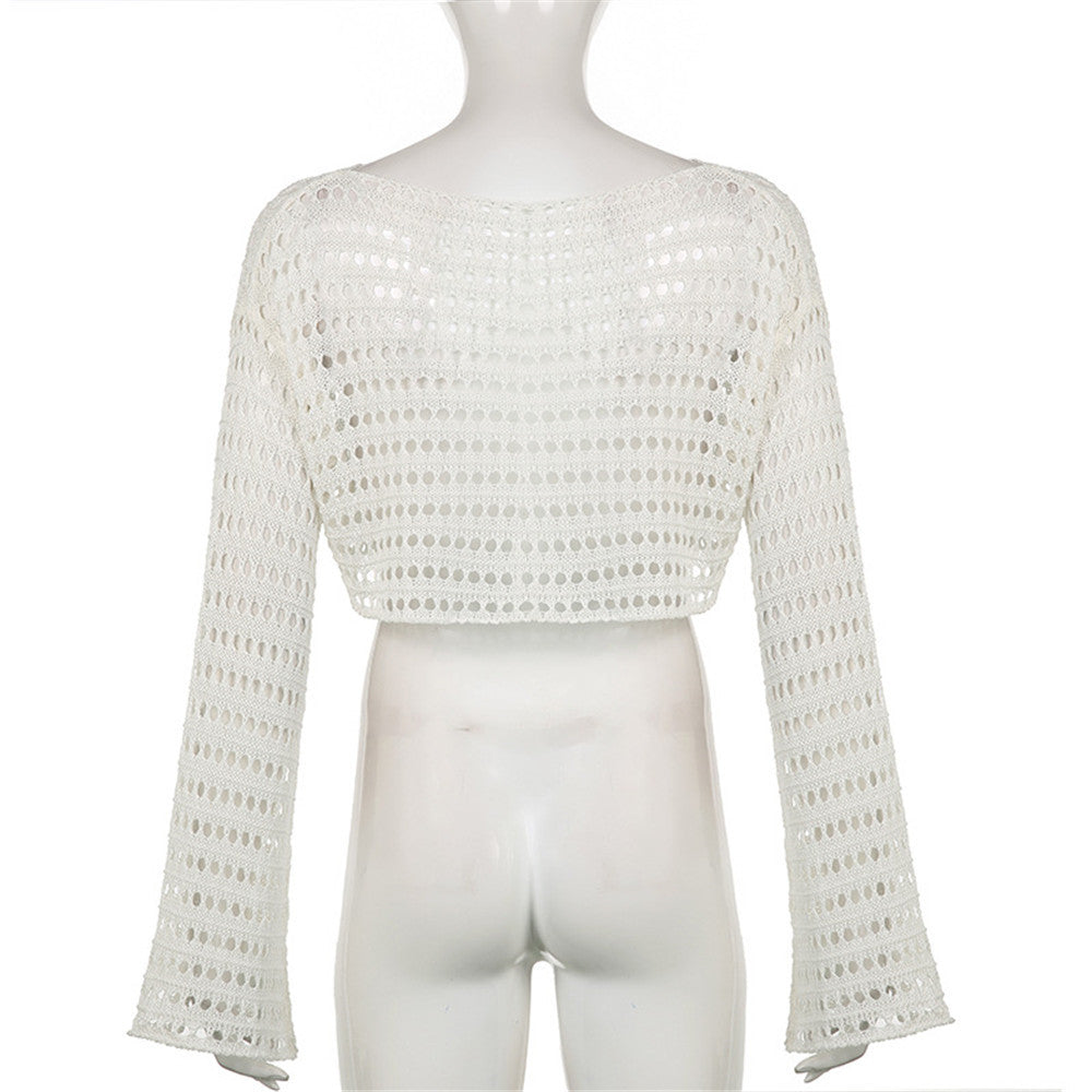 Lizakosht  Hollow Out Women Knitted T Shirts Y2K Crop Top Summer Beach Cover Up Fashion Casual Crppped Tops Tees Woman Clothes 2022
