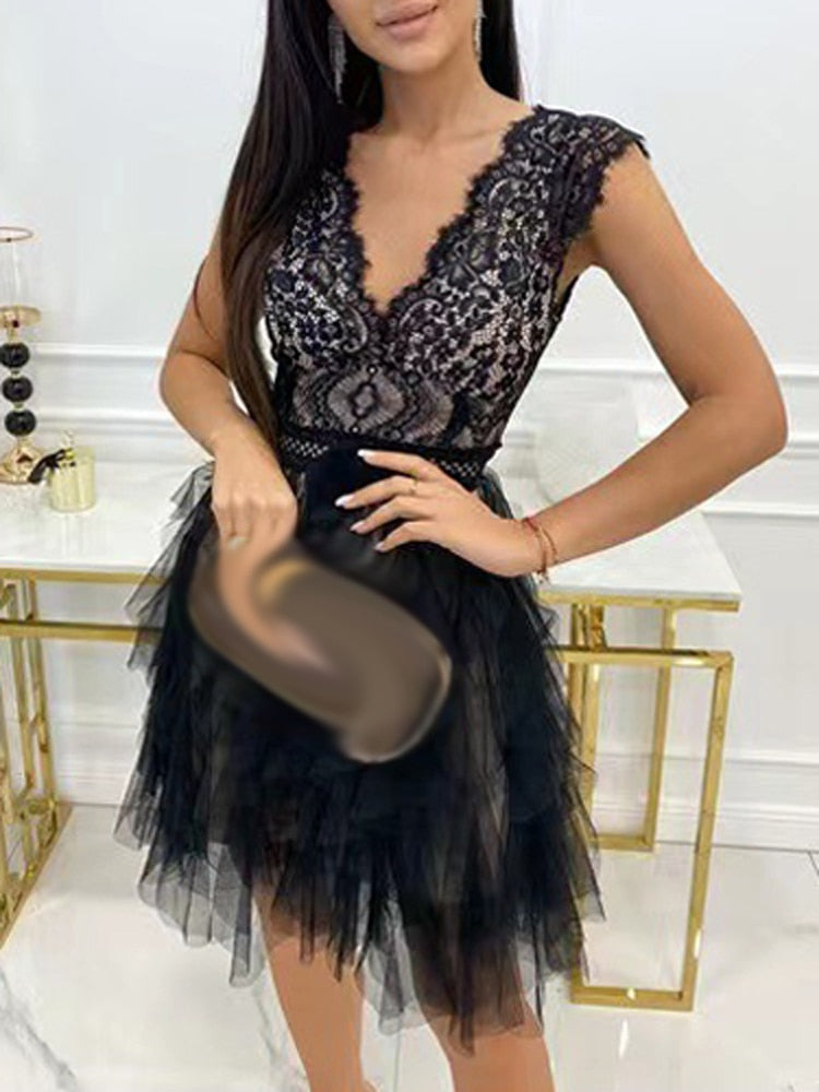 Lizakosht  Women Sexy V Neck Mini Dress Elegant Embroidery Crochet Lace Patchwork Double Ruffle Short Dress Summer Sleeveless Party Dresses