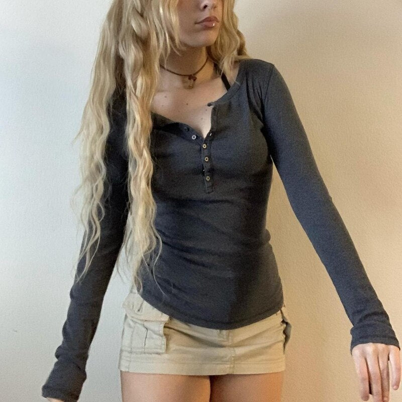 Lizakosht Y2K Button Up Ribbed Knitted Basic Tees Fairycore Retro Grunge Clothing 90s Vintage Aesthetic Slim Fit T Shirt Chic Women