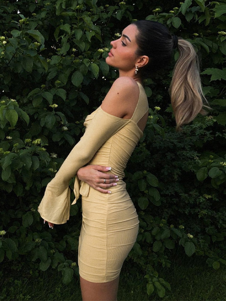 Lizakosht Fashion Flare Sleeve Sexy Cut Out Ruched Dress Outfits Women Party Club Summer Mesh Sheer Dresses Bodycon Clothes