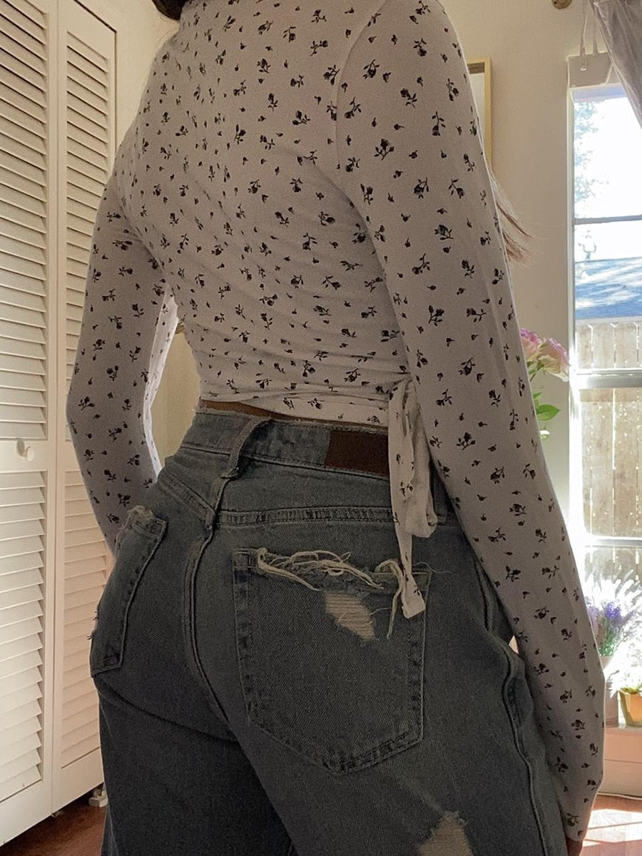 Lizakosht Chic Floral Print Slim Wrap Crop Top Women Spring Sexy V Neck Lace-up Long Sleeve T Shirt Female Vintage Casual Tops Y2k