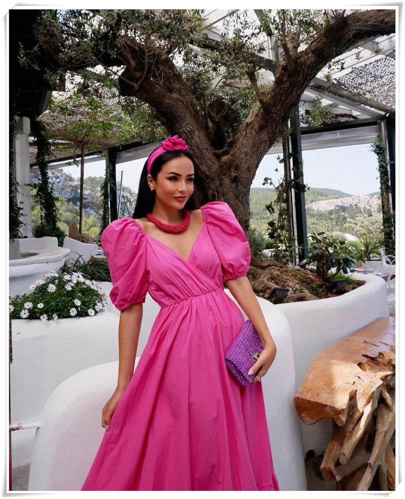 New Summer Women'S Dresses One Word Neck Bubble Short Sleeve Sexy Open Back Solid Color Dress Simple Pastoral Pink Tight Dress