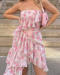 Lizakosht Elegant Fashion Ruffles Floral Asymmetrical Dress French Style Slash Neck Sleeveless Tube Dresses For Women 2022 Holiday