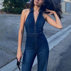 Lizakosht Sexy Slim Denim Romper Women's Jumpsuit 2021 Autumn Halter Straight High Waist Jumpsuits Female Elegant Lady Party Club Rompers