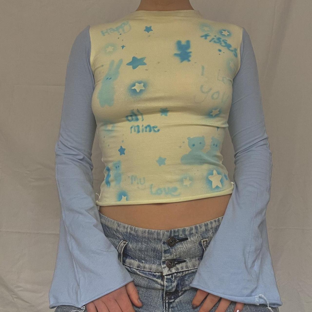 Lizakosht Women Kawaii Cartoon Rabbit Print Crop Tops Fairy Grunge Casual Flared Long Sleeve T-Shirt Harajuku Streetwear