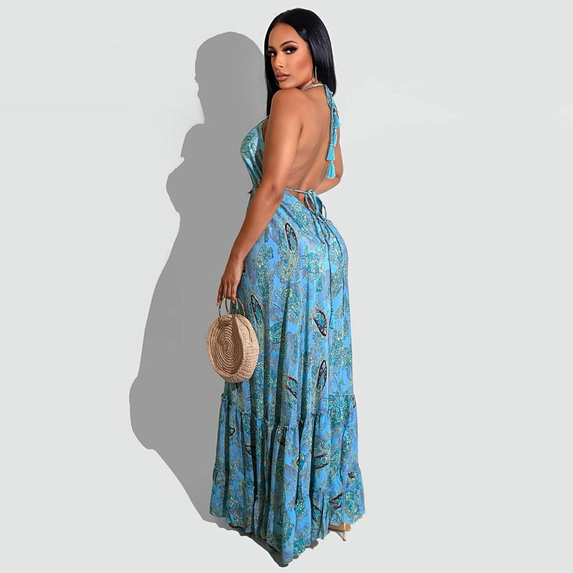 Lizakosht Hot Bohemian Chiffon Retro Print Holiday Sexy Young Fashion Halter Backless Off Shoulder Women Long Loose Dress