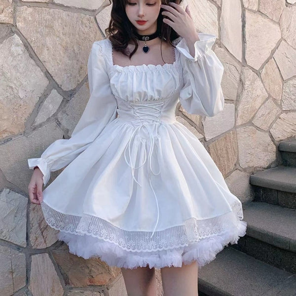 HOUZHOU White Lolita Dress Kawaii Vinatge Long Sleeve Mini Dresses Bla ...