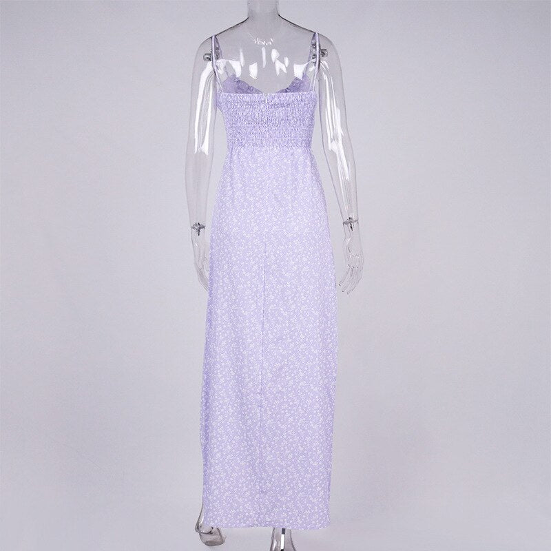 Sexy Floral Spaghetti Strap Dress Women Summer Purple Print Lace Up Elegant Slim Backless Fairycore Long Dress Party